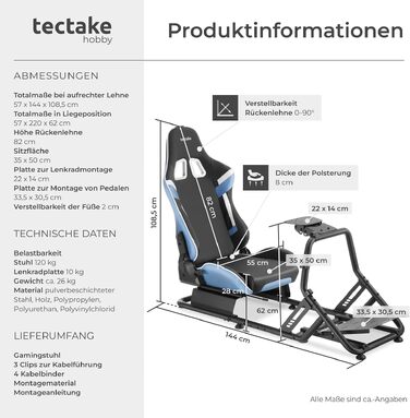 Ігровий симулятор Sim Racing Cockpit tectake® для Fanatec, Logitech, Thrustmaster, регульоване гоночне крісло GT-Style, сталевий каркас, до 120 кг (Чорний/Лазурний)
