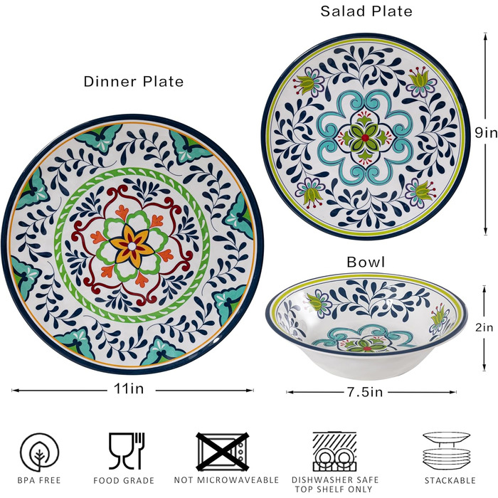 Набір посуду Talavera з меламіну, 12 предметів: тарілки та миски для 4 осіб, небиткий, для кемпінгу, BPA-free, придатний для миття в посудомийній машині