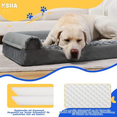 KSIIA Orthopedic Dog Bed for Large Dogs, 105x70x18cm, Removable and Washable Cover, XL Dog Couch with THREE Raised Edges, Non-Slip Bottom, Egg Crate Foam Dog Basket, Grey