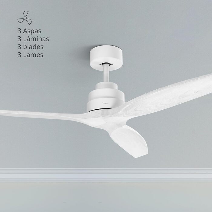 Стеляний вентилятор Ufesa, 40W, 6 швидкостей, надтихий, 3 дерев'яних лопаті 132см, літо-зима, таймер 8год, з пультом, без освітлення, білий