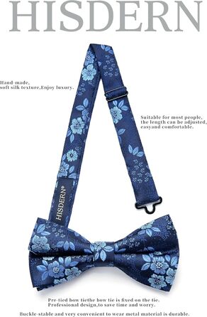 Метелик HISDERN для чоловіків з кишеньковим хустинкою, однотонний, регульований, для смокінгу, весілля, вечірки, синій та білий