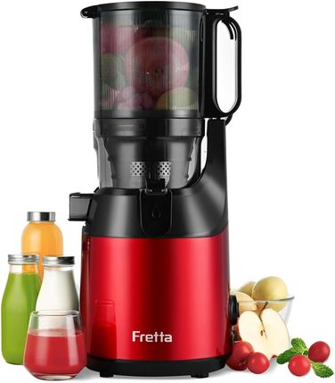Fretta Slow Juicer with 135mm Opening, Juicer for Vegetables and Fruit Test Winner, 250W Breastfeeding Juicer with Cold Press, Easy Cleaning & Powerful Motor, BPA-free (Red, 1.8L) 1.8L Red
