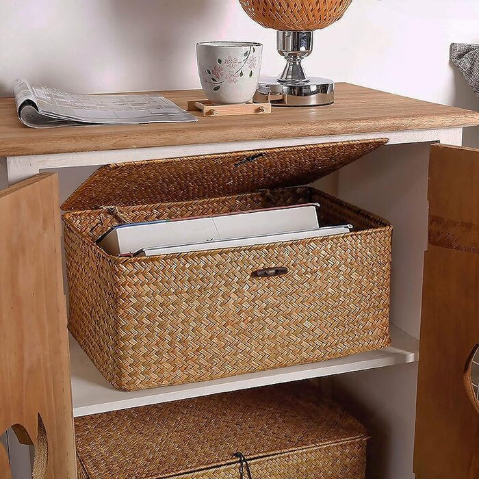 Woven Rattan Storage Basket, Storage Box with Lid, Seagrass, Laundry Baskets, Makeup Organizer for Bathroom, Living Room, Kitchen