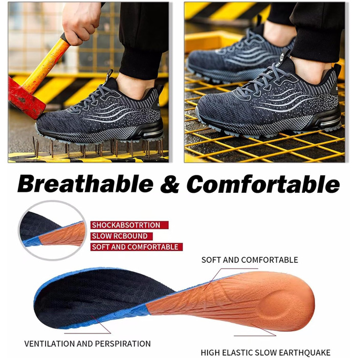 Чоловічі та жіночі робочі черевики з металевим капаком, спортивні, з амортизацією, неслизькі (47 EU, Сірий)