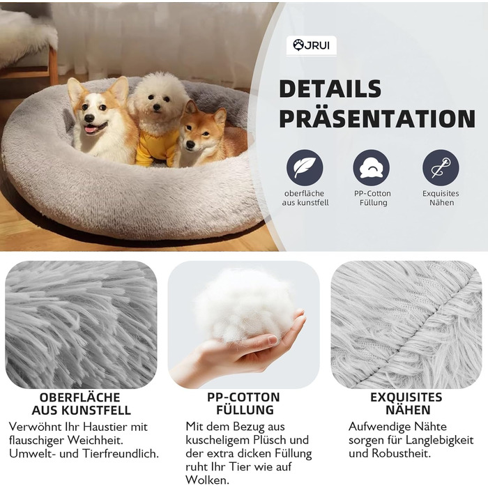 М'яке ліжко для собак, круглий пухнастий килимок для котів та собак, зручне ліжко з плюшу, подушка-кільце, ліжко-софа для собак середніх та великих порід - сірий (50-120см) (60x60x20см, світло-сірий)