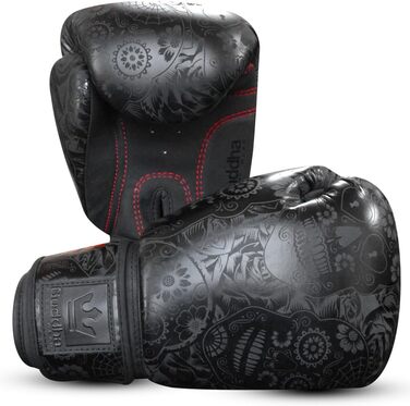 Buddha Fight Wear Luzbel Boxing Gloves - Muay Thai & Kickboxing - Premium PU Leather - Odor Resistant - Reinforced Stitching - 16oz - Black & Matte Black