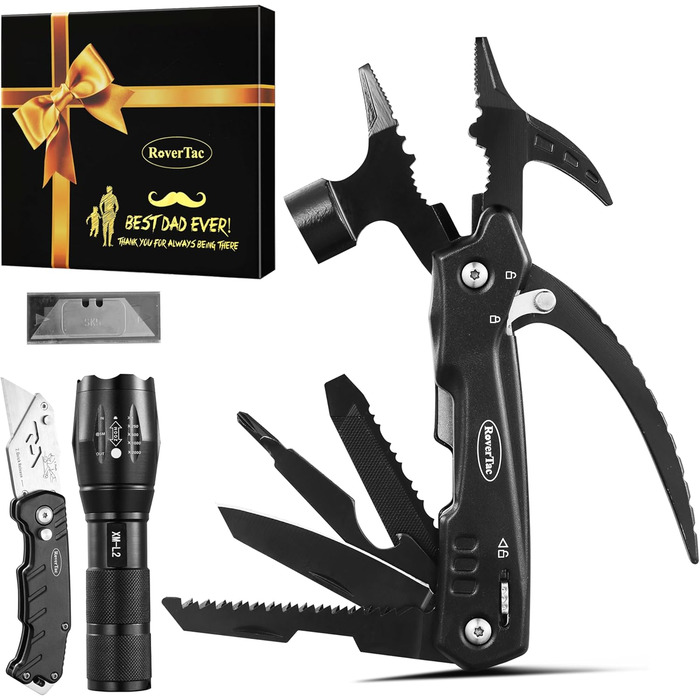 Набір інструментів RoverTac: подарунок для тата, 12-в-1 мультитул, молоток, ліхтарик, ніж, подарункова коробка 'BEST DAD EVER'