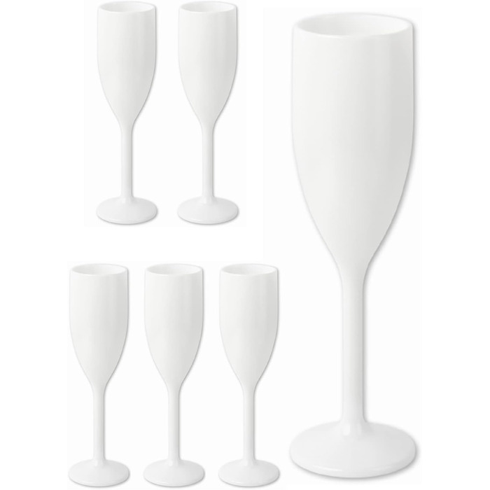Schramm® Reusable Champagne Flutes in white, available in sets of 6, 12, 24, or 48 pieces. 150 ml capacity. Champagne glasses, sparkling wine flutes, sparkling wine goblets, stemware. Champagne glasses, capacity: 6 pieces