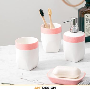Набір аксесуарів для ванної кімнати з кераміки, 5 шт. (помпа, дозатор мила, мильниця, тримач для зубних щіток, ваза), рожевий, для сучасного декору