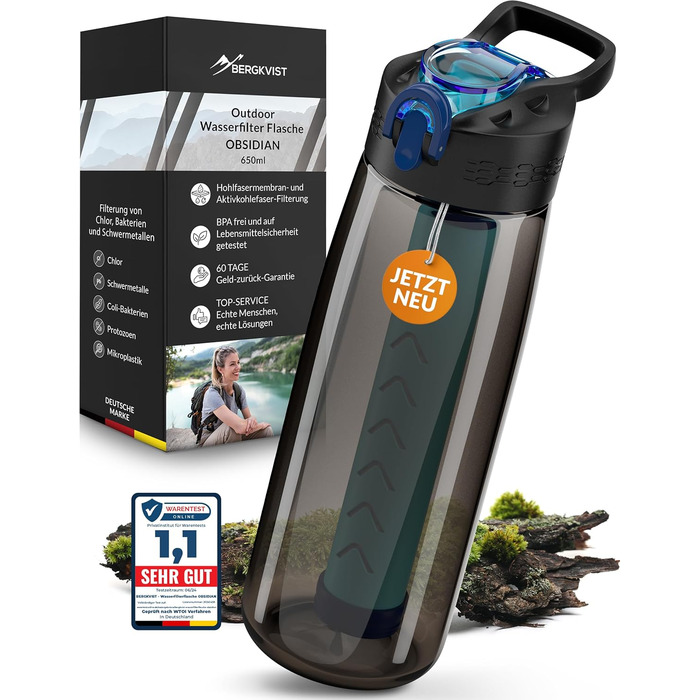 BERGKVIST® Outdoor Water Filter Bottle OBSIDIAN (650ml) with Compass - Filter Water Bottle for Clean Drinking Water - Water Purification for Camping, Prepper & Survival Gear (Black)