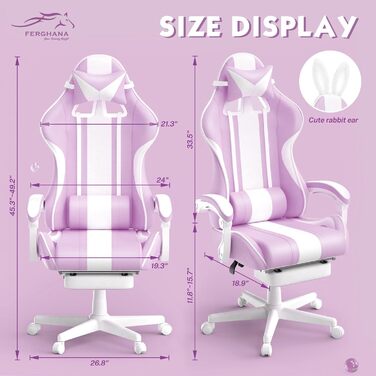 Ergonomic Gaming Chair with Footrest - Racing Style PC Gaming Chair with Headrest, Lumbar Support & Bunny Ears (Violet)