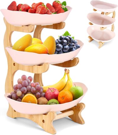 DEECOZY Трирівнева етажерка для фруктів та овочів з бамбуковим підставкою, пластикова фруктова миска, економія місця, для сім'ї, сучасний дизайн (Білий, Бежевий)