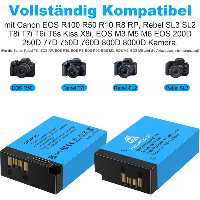Акумулятор LP-E17 1300mAh Homesuit та LED-зарядний пристрій Dual USB для Canon Rebel SL3, SL2, T8i, T7i, T6i, T6s, EOS R10, R50, R8, RP, M3, M5, M6, 200D, 77D, 750D, 760D, 800D, 8000D (2 шт.)