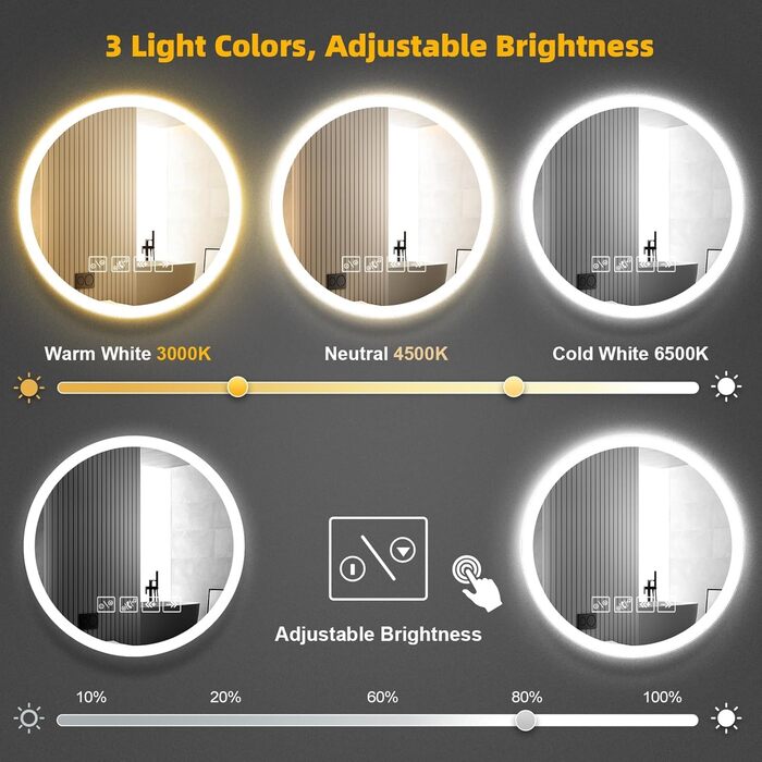Дзеркало для ванної кімнати Viugreum з підсвічуванням 50x75 см, овальне LED дзеркало, регульована яскравість, 3 кольори світла, проти запотівання, годинник, сенсорне управління, LED дзеркало для ванної кімнати, вітальні