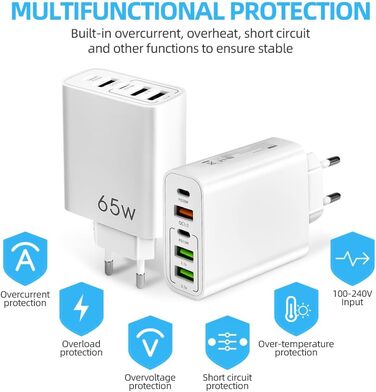 Мережевий адаптер AXFEE 65W 5-портовий з USB-C та USB-A, швидка зарядка PD 3.0 для iPhone 14 Pro Max 13, білий