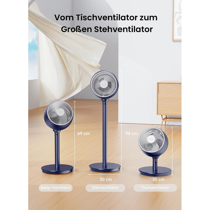 Вентилятор AIRMATE 25dB з підставкою, тихий, висока потужність 26 м, 1600 м³/год, регульована висота, з пультом керування, 3 режими/12 швидкостей/12 таймер