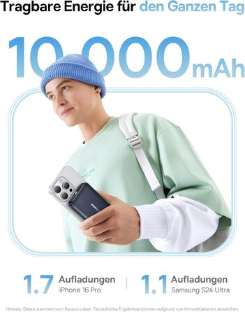 Power Bank Baseus EnerFill MagSafe 10000mAh, 22.5W USB-C, 15W Wireless, для iPhone 17/16/15/14/13/12, сірий