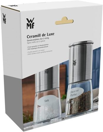 Набір млинців для солі та перцю WMF De Luxe, 2 шт, наповнені, з нержавіючої сталі Cromargan, скла та кераміки, млин для солі, перцю та чилі