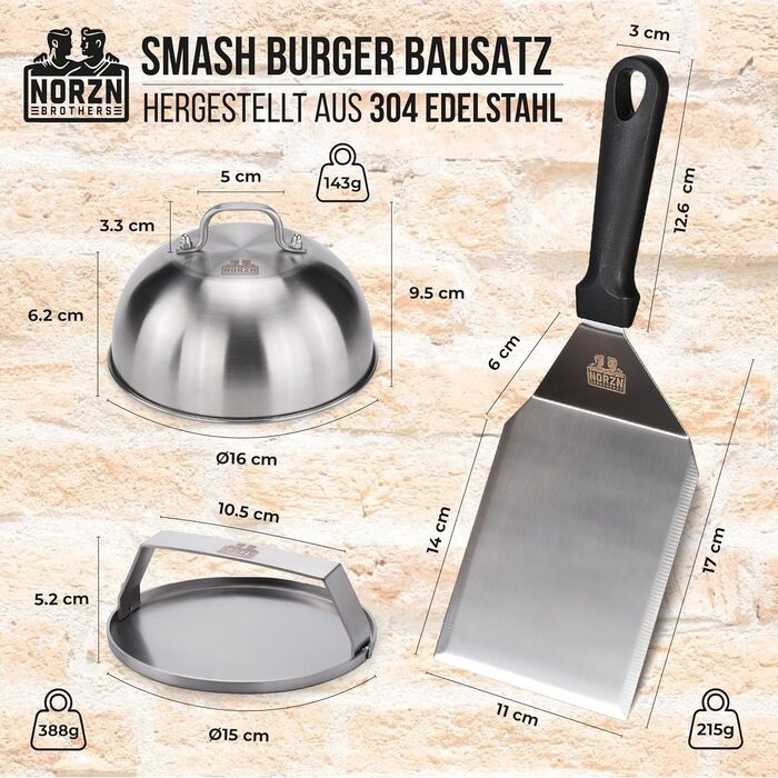 Набір для приготування Smash Burger: прес для гамбургерів, дзвоник та шпатель з нержавіючої сталі 304. Гарантія 10 років. Для контакту з харчовими продуктами.