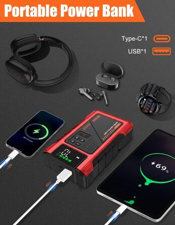 Powerbank для автомобіля з компресором 150 PSI та пусковим струмом 6000A (до 9.0л бензин/7.5л дизель), Jump Starter 12V з LCD дисплеєм, LED ліхтарик, червоний