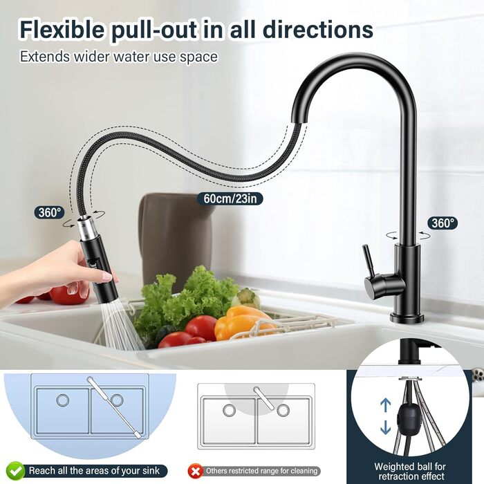 Чорний кухонний змішувач з висувною лійкою, 360° поворот, нержавіюча сталь, гаряча/холодна вода, G3/8'', 2 режими струменя