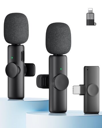 Беспроводной петличный микрофон 2 шт. для iPhone, iPad, Android, YouTube, TikTok, с шумоподавлением, Plug & Play, для видео, подкастов, черный