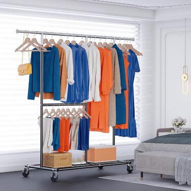 HOKEEPER Heavy-Duty Clothes Rack with Wheels, Up to 150 kg Load Capacity, Durable Clothes Rod with Shelves for Hanging, for Bedroom, Office, Business, Chrome Steel, Black