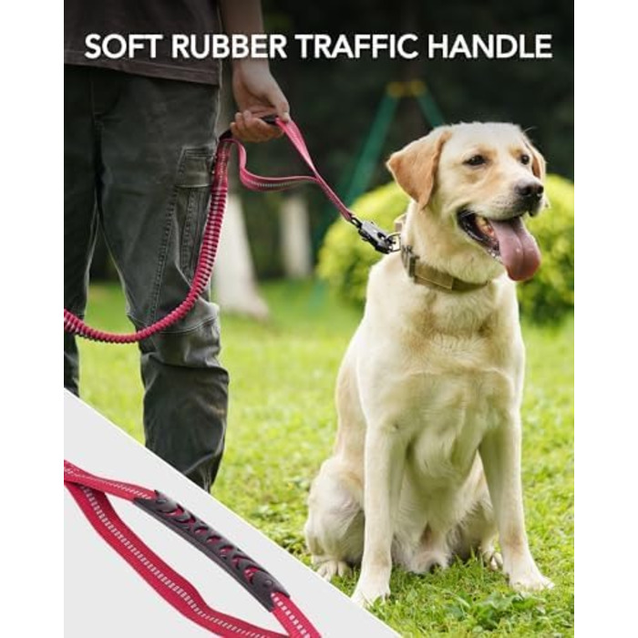 Тактична повідок для собак Joytale, еластична повідок з 2 м'якими ручками, страхувальний ремінь для авто, повідок без ривка для середніх, великих та екстра-великих собак (1.2м-1.8м, світиться рожева)