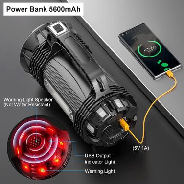 ERAY LED ліхтарик 11000 лм, ручний прожектор, акумулятор 9600mAh, 6 режимів, IPX4 водонепроникний, Power Bank, потужний ліхтар для кемпінгу, туризму, надзвичайних ситуацій, активного відпочинку (8 режимів - 3000 лм)