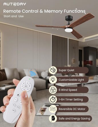 Стеляний вентилятор з дерева з підсвічуванням, 90 см, тихий DC-двигун, 6 швидкостей, пульт з пам'яттю, таймер, 24W LED, регулювання яскравості