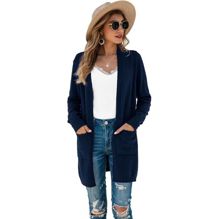Кардиган жіночий Saodiallsu з довгим рукавом, однотонний, з кишенею (темно-синій, L)