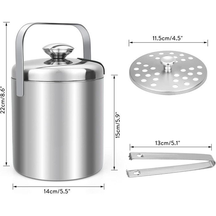 Ейскюбель з нержавіючої сталі з кришкою та лопаткою, 1,6л: для напоїв, пива, вина, фруктів