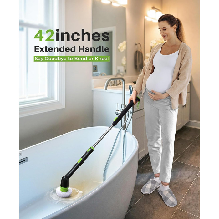 Електрична щітка для прибирання LyriFine, водонепроникна IPX7, з довгим руків'ям, 2 швидкості, змінна насадка, для ванної кімнати, білий (світло-зелений)