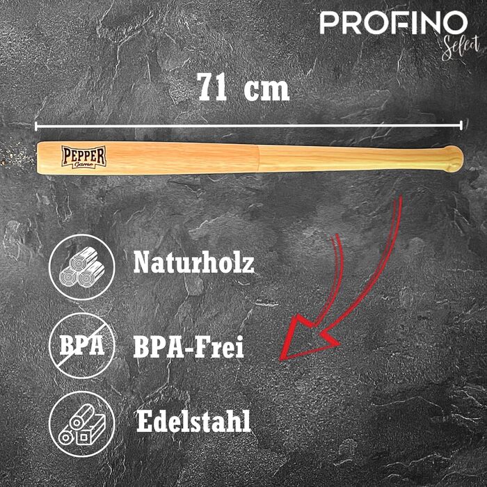 Перецьмолка PROFINO у формі бейсбольної біти 71 см, дерев'яна, керамічний механізм, з настінним кріпленням з нержавіючої сталі