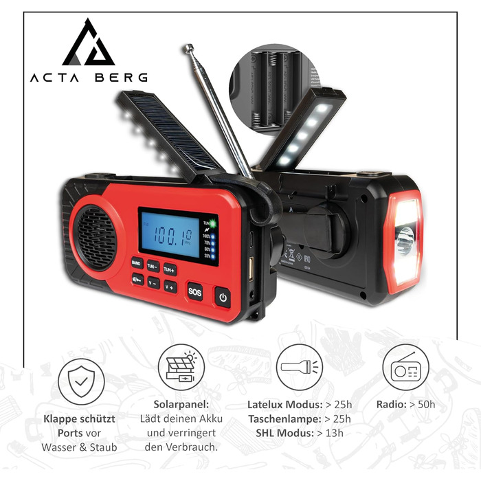 Радіо Acta Berg з ручним приводом | Радіо на батареї 5000 mAh | Сонячне радіо з приймачем світу | Радіо з ручним приводом для надзвичайних ситуацій | Ліхтар та зарядний пристрій, AM/FM/SW, з USB (червоне)