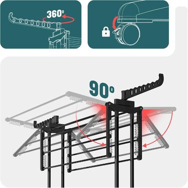 Вounot® Сушарка для білизни Торгова вежа, 4 яруси, компактна, складна, з колесами та бічними крилами, сушильна вежа для дому та вулиці, 125x62x173 см, чорна
