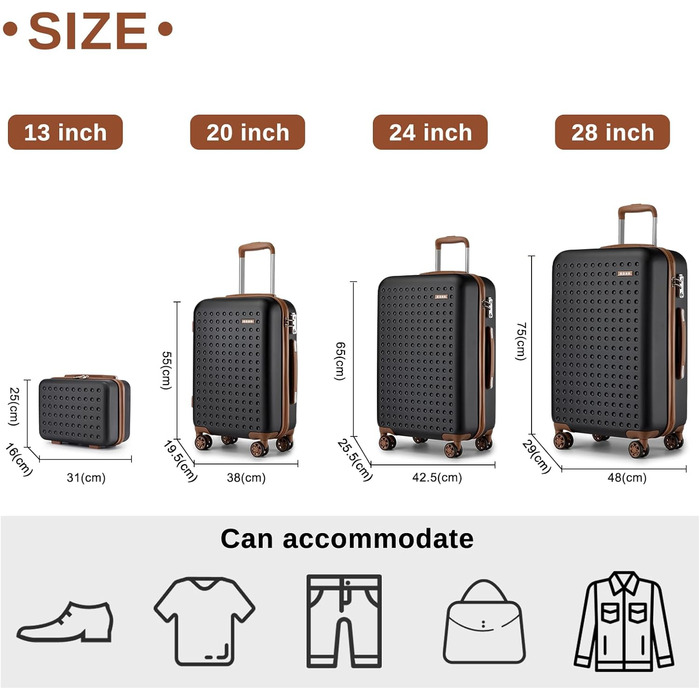 Валіза KONO з ABS пластику, ручна, з TSA замком, 75x48x29 см, набір 4 шт. (білий/чорний)