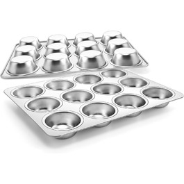 Joyfair Muffin Tin 2-Piece Set, Stainless Steel Muffin Sheet for 12 Muffins, Muffin Baking Pans 35 x 27cm, Muffin Baking Pan for Cupcakes, Brownies, Pudding, Cake, Non-Toxic & Healthy, Oven & Dishwasher Safe