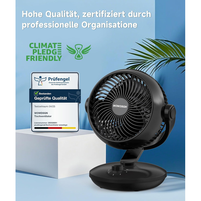 WOWDSGN Вентилятор для дому: тихий настільний циркулятор повітря 24dB, 3 швидкості, 100°/80° осциляція, чорний Xd-1586fc