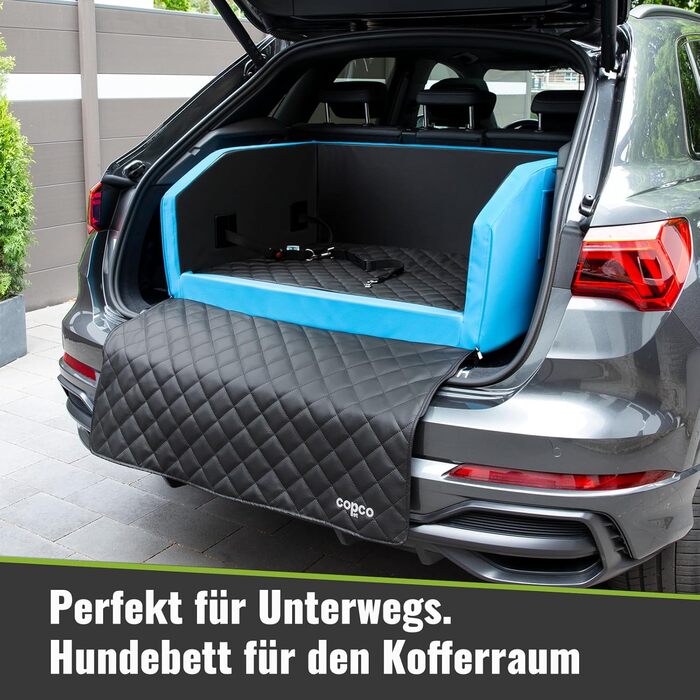 CopcoPet Автомобільне ліжко для собак у багажник 100x80x38 см, штучна шкіра, захист багажника, водовідштовхувальне, стійке до подряпин, нековзне, з захисним покривалом, для подорожей (Синій/Сірий)