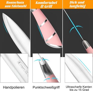 Набір кухонних ножів 9 шт. з поворотним блоком з акрилу, професійний набір кухонних ножів з нержавіючої сталі, з точилкою, подарунок для сім'ї (рожевий)