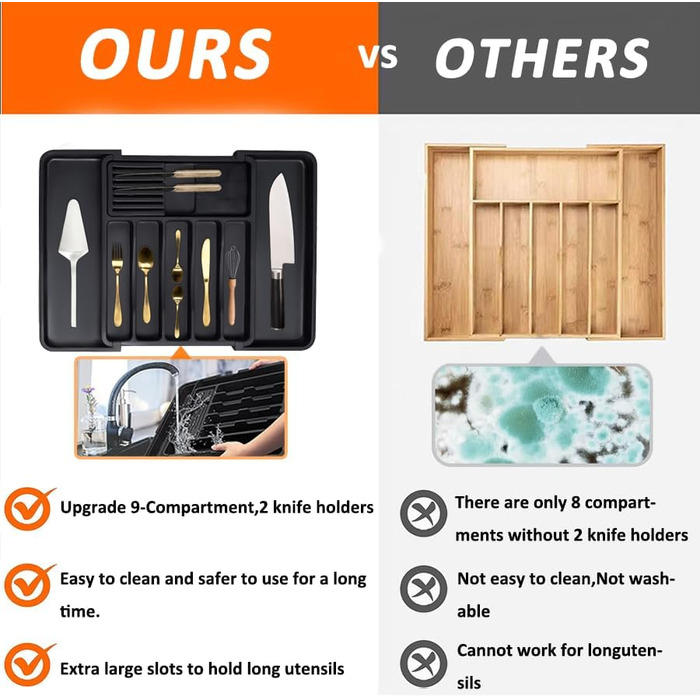 Органайзер для столових приборів ZHUlYIWIN в шухляду, розсувний, з тримачами для ножів, білий пластик