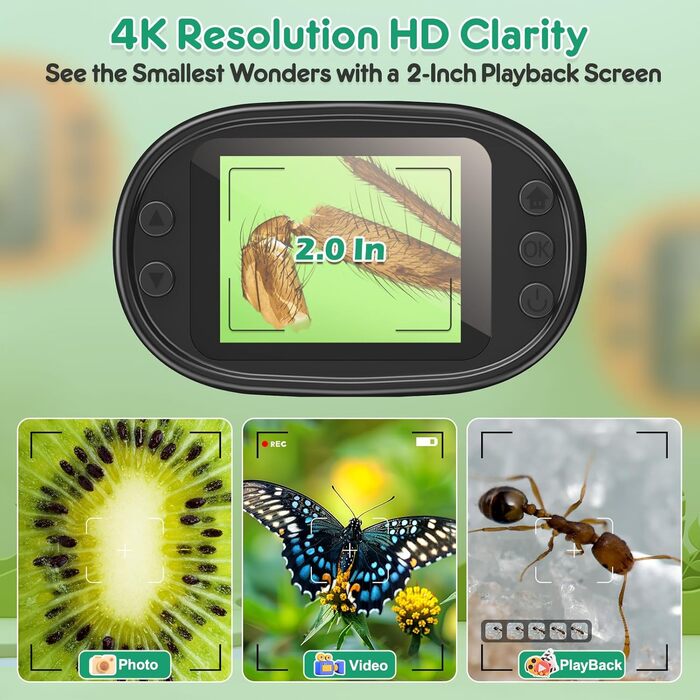 Дитячий цифровий мікроскоп 1000X Handy з 4K екраном: перезаряджається, портативний, USB, для вивчення трихом. Науковий набір з предметними скельцями, ідеальний подарунок для дітей 4-12 років.