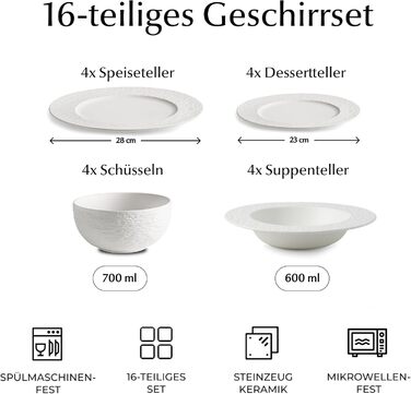 MIAMIO Набір посуду 16 предметів / Сучасний керамічний посуд / Набір посуду на 4 особи - Колекція Oasis (16 шт) / Білий посуд з суповими тарілками (16 шт)