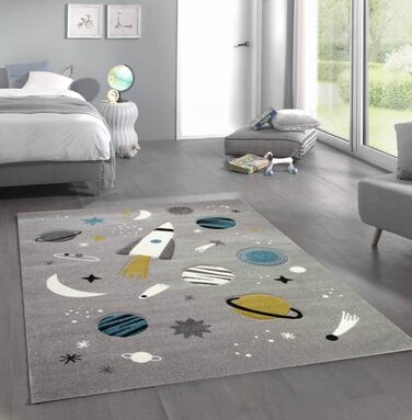 Merino Kids Space Learning Rug with Spaceship, Stars, and Planets in Gray, Size 200 x 290 cm