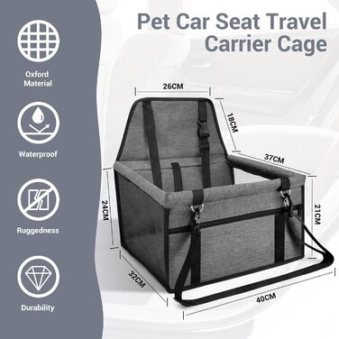 Автокрісло для собак на заднє сидіння, Oxford, дихаючий матеріал, миється, для собак маленьких та середніх порід, темно-сірий
