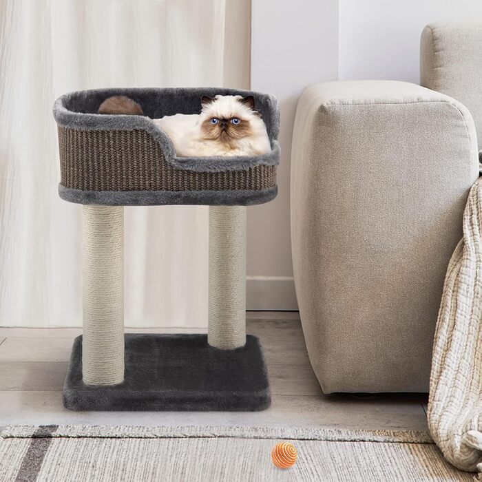 COSTWAY Cat Tree Small, Cat Tree with Large Plush Seat, Wooden Cat Scratching Post, Cat Cat Furniture Climbing Tree, Activity Tree Play Tree, Natural Sisal Tower with Scratching Posts (Gray)