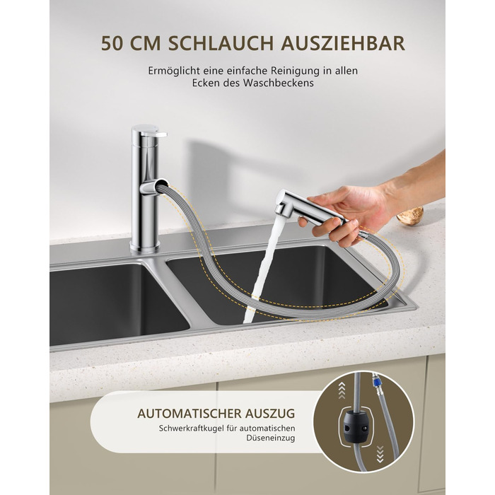 Змішувач кухонний DAYONE з висувною лійкою, нержавіюча сталь, 3 режими, 360° обертання, для кухонної мийки (15 см), матовий (хром, низький вигин-337)