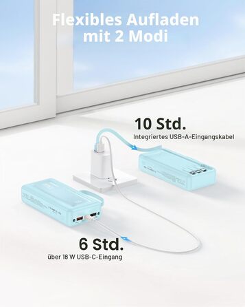 Повербанк 27000mAh з 4 вбудованими кабелями та LED-дисплеєм, швидка зарядка 30W USB-C для iPhone, Samsung, iPad та Android, небесно-блакитний