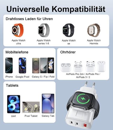 Зарядний пристрій 4-в-1 для Apple Watch та iPhone: 40W USB-C, швидка зарядка PD, сумісний з Apple Watch 10/9/8/7/6/Ultra/SE, iPhone 17/16/15 Pro Max, iPad, AirPods (Білий)